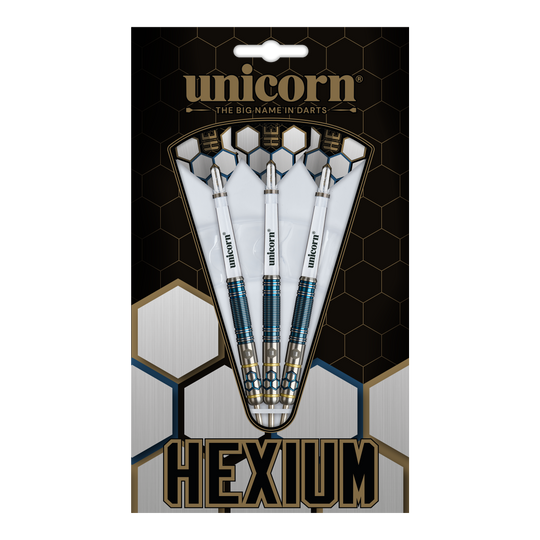 Das Bild zeigt die Unicorn Hexium Style 02 Blue & Gold Steeldarts. Die Darts sind in Blau und Gold designt.