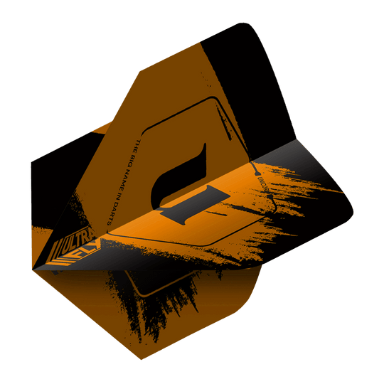 Unicorn Ultrafly 100 Team Unicorn Big Wing Vluchten - Oranje Das Bild zeigt ein orangefarbenes Dart-Flight mit schwarzem Muster und dem Schriftzug „ULTRAFLY“. Das Produkt ist das „Unicorn Ultrafly 100 Team Unicorn Big Wing Flights – Orange“.