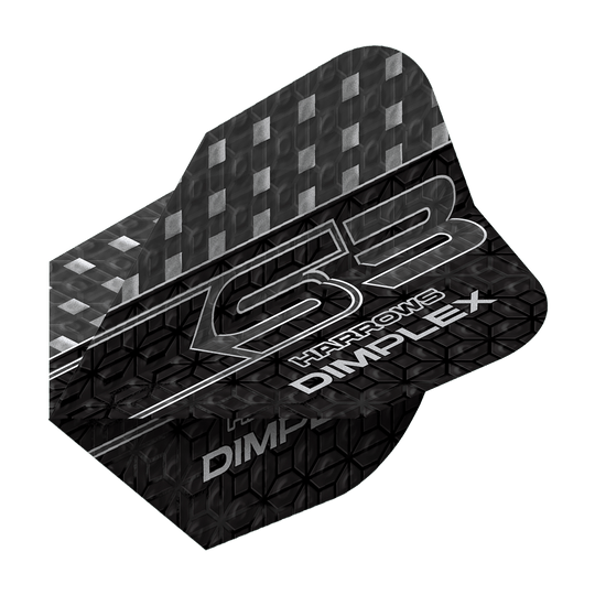 Das Bild zeigt ein Dart-Flügel mit dem Namen "Harrows Dimplex S3 Flights - Smokey". Das Design ist überwiegend schwarz mit silbernen Mustern und Schriftzügen.