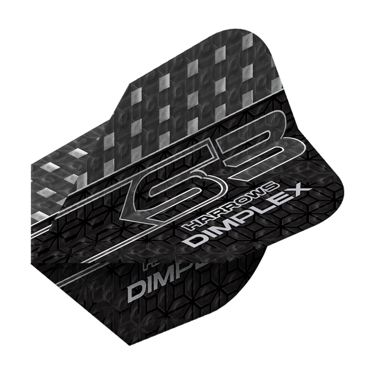 Harrows Dimplex S3 Vluchten - Smokey Das Bild zeigt ein Dart-Flügel mit dem Namen "Harrows Dimplex S3 Flights - Smokey". Das Design ist überwiegend schwarz mit silbernen Mustern und Schriftzügen.