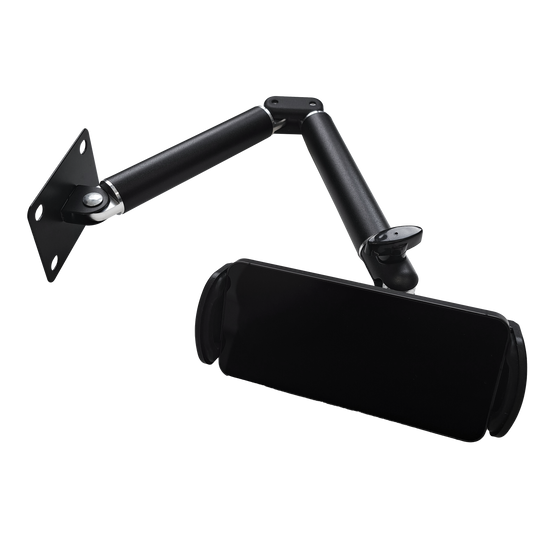 McDart TABFlex tablet muurbeugel met flexibele arm Das Bild zeigt die McDart TABFlex Tablet Wandhalterung mit flexiblem Arm. Sie besteht aus schwarzem Metall und hat einen verstellbaren Arm zur Befestigung eines Tablets an der Wand.