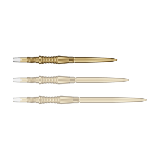 Target Swiss Point Dartpunten Signature RST - Goud Das Bild zeigt eine Darts-Spitze von Target in Gold, vermutlich aus der Swiss Point Signature RST Serie mit 30mm Länge. Die Spitze hat ein detailliertes Design und reflektiert das Licht.