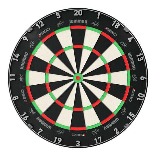 Winmau Blade 6 Triple Core 360 stalen dartbord Das Bild zeigt das Winmau Blade 360 Steeldartboard. Es handelt sich um ein modernes Steeldartboard für Dartspieler.