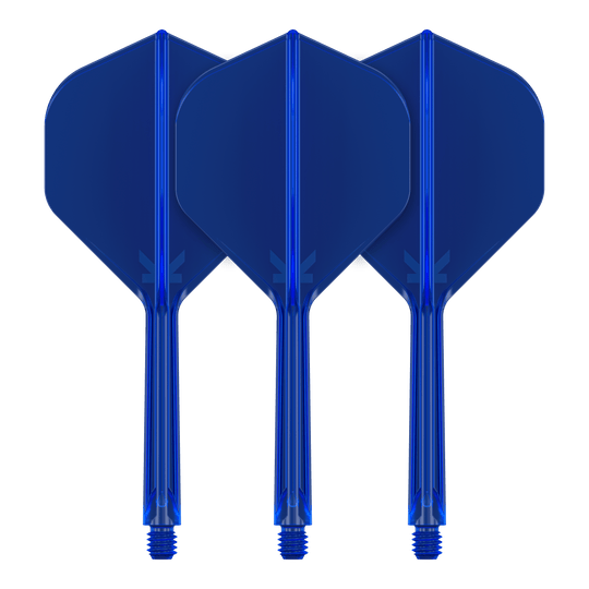 Target K-Flex No2 Standaard Vluchtsysteem - Blauw Auf dem Bild sind drei blaue Dart-Flights mit Schaft zu sehen. Sie stehen nebeneinander und haben eine standardisierte Form.