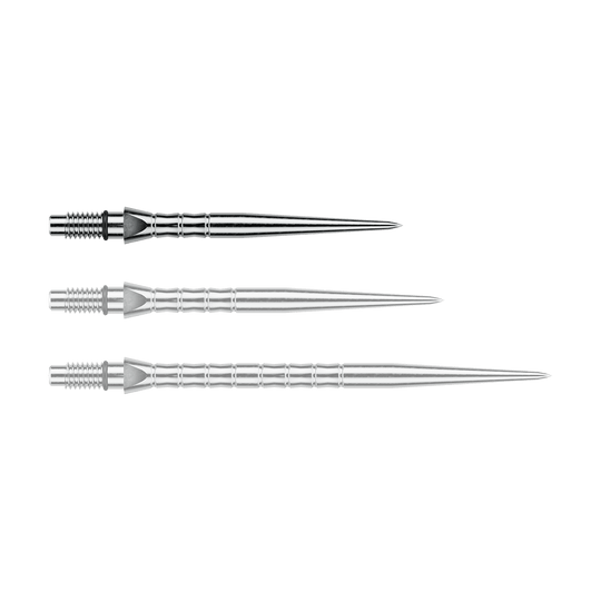 Winmau Switch Point Wave stalen dartpunten - Zilverkleurig effect Das Foto zeigt Winmau Switch Point Wave Silver Effect Steeldartspitzen mit 26 mm. Die silberfarbenen Steeldartspitzen sind in der Nahaufnahme sichtbar.