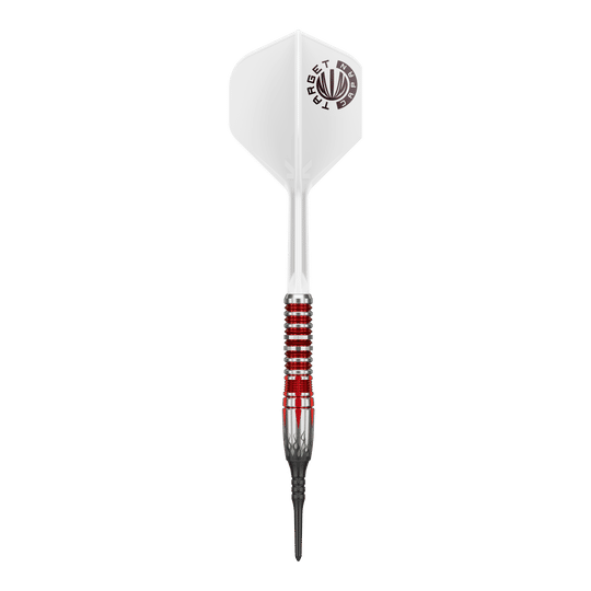 Dies ist ein Softdart des Produkts „Target Japan Misumasa Hoshino Pyro GEN10 MAX Softdarts - 19g“. Der Dartpfeil hat ein auffälliges Design mit roten und silbernen Ringen und weißen Flights.