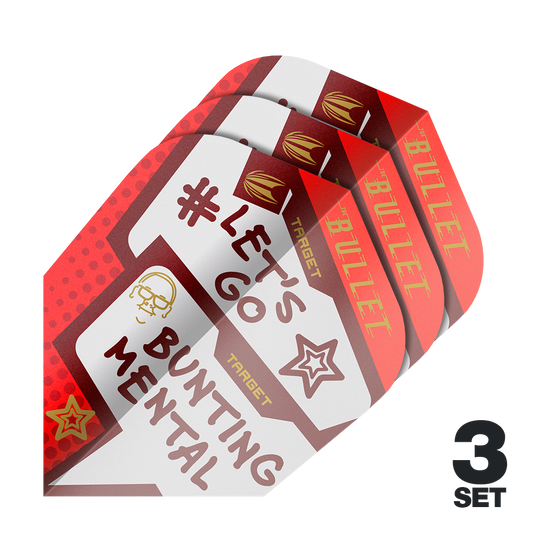 Das Bild zeigt drei Sätze Target Pro Ultra Stephen Bunting Mental Ten-X Flights für Darts. Auf den Flights steht "#LET'S GO BUNTING MENTAL" und sie sind in Rot- und Weißtönen gestaltet.