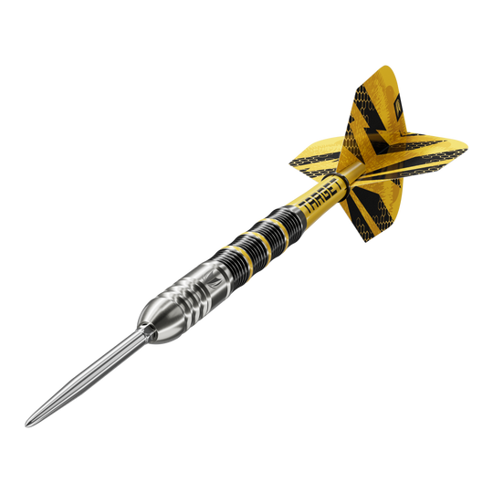 Target Buzz 02 Swiss Points stalen dartpijlen Das Bild zeigt die Target Buzz 02 Swiss Points Steeldarts. Die Steeldarts sind aus nächster Nähe aufgenommen.