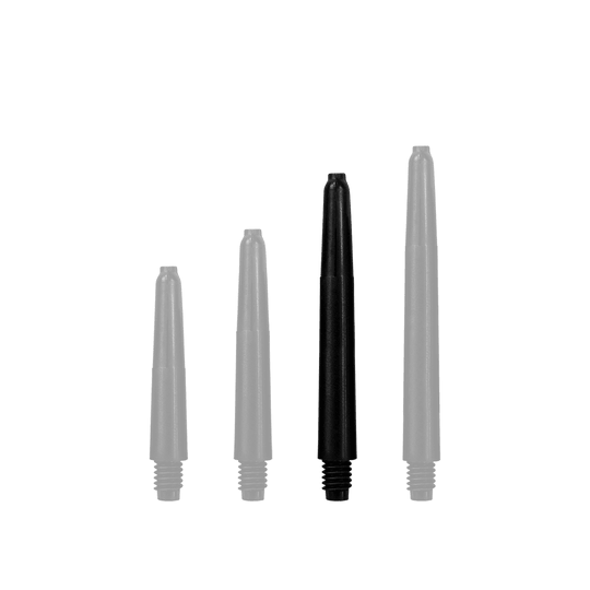 Das Bild zeigt vier schwarze Nylon Shafts in unterschiedlichen Längen. Sie sind nebeneinander angeordnet und haben ein Schraubgewinde am unteren Ende.