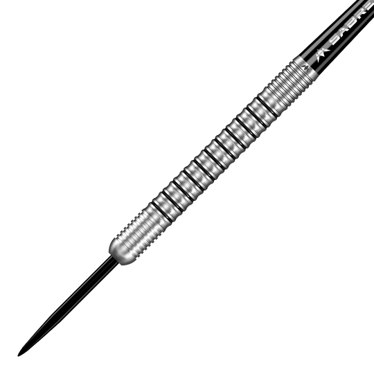 Missie Dominik Grüllich Steeldarts Dieses Bild zeigt einen Mission Dominik Grüllich Steeldart mit einem Gewicht von 23,5 Gramm. Der Dart ist aus silberfarbenem Metall und hat ein geriffeltes Griffstück.