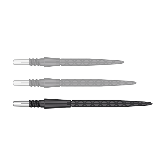 Target Swiss Storm Diamond Point Dartpunten - Zwart Auf dem Bild sind drei schwarze Dartspitzen mit diamantförmigem Muster zu sehen. Sie liegen parallel nebeneinander auf weißem Hintergrund.