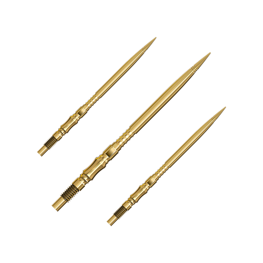 Harrows Quick Point Axis Elite Series dartpunten - Goud Ein Set von mehreren goldfarbenen Dartspitzen liegt nebeneinander. Die Spitzen sind gut sortiert und übersichtlich angeordnet.