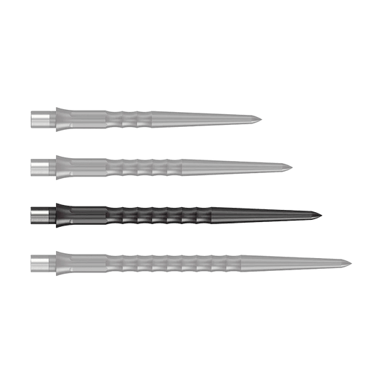 Caliburn System Steeldart Tips - Ripple - NoLip - Zwart Zu sehen ist eine schwarze Steeldartspitze mit Ripple NoLip Design, 36 mm Länge. Das Produkt ist Teil des Caliburn Evo Systems.