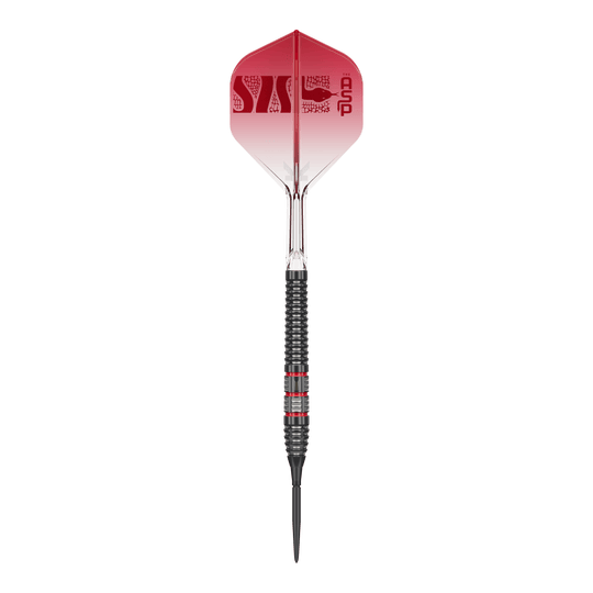 Target Nathan Aspinall 95K Swiss Point Steel Darts Foto von Target Nathan Aspinall 95K Swiss Point Steeldarts. Die Steeldarts sind aus einer bestimmten Perspektive zu sehen.
