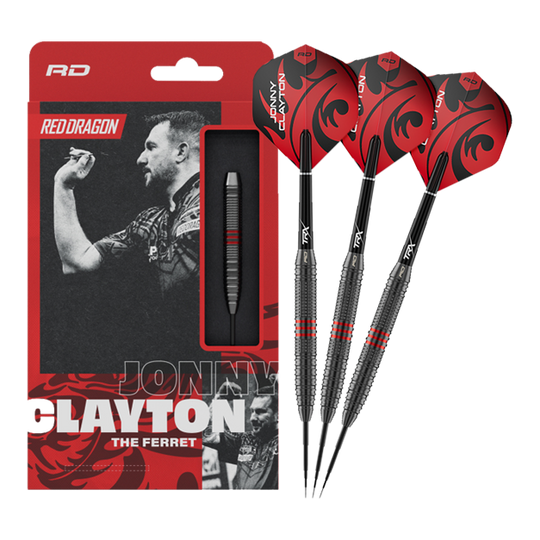 Red Dragon Jonny Clayton Core Brass Steeldarts - 21 g Dieses Bild zeigt die Red Dragon Jonny Clayton Core Brass Steeldarts - 21g in voller Länge. Die Darts haben goldene Rillen und rote sowie schwarze Details am Flight.