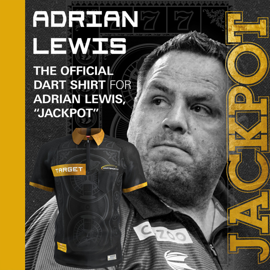 Target Adrian Lewis dartshirt 2026 Das Bild zeigt das Target Adrian Lewis Dartshirt 2026. Dieses Shirt ist für Darts-Fans und Sammler konzipiert.