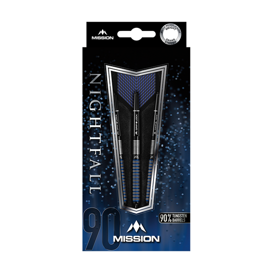 Mission Nightfall Model 1 stalen darts Das Bild zeigt die Verpackung der "Mission Nightfall Model 1 Steeldarts". Die Darts bestehen zu 90 % aus Tungsten und sind elegant in einer blau-schwarzen Schachtel präsentiert.
