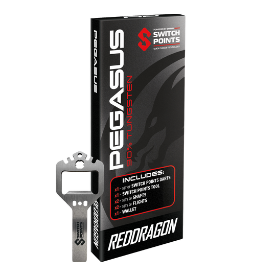 Red Dragon Pegasus Switch Point Stalen Darts Das Bild zeigt die Red Dragon Pegasus Switch Point Steeldarts. Die Pfeile sind hochwertig verarbeitet und ideal für Turniere geeignet.