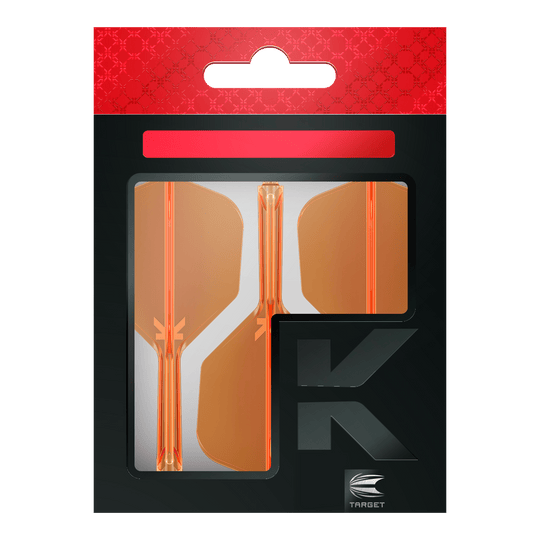 Target K-Flex No6 Vluchtsysteem - Neon Oranje Die Verpackung zeigt drei neonorange Dart-Flights der Marke Target. Das Design ist modern mit einem schwarz-roten Hintergrund und einem großen "K" auf der Vorderseite.