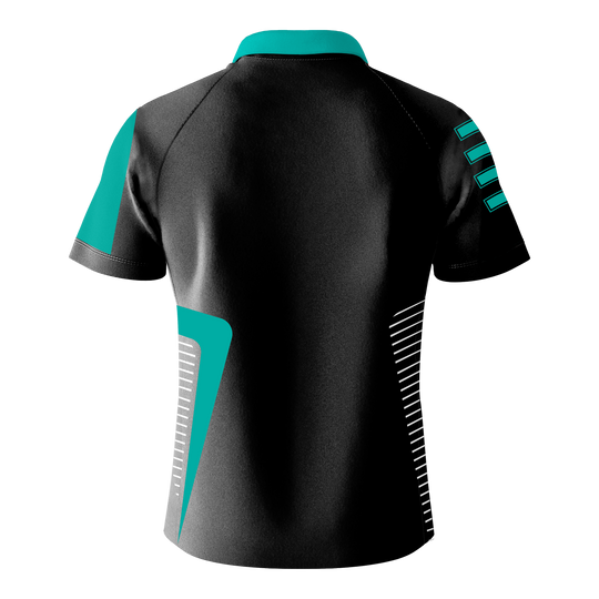 Das Bild zeigt das "Bulls Team Dartshirt - Mint" von hinten. Das Shirt ist überwiegend schwarz mit mintfarbenen und weißen Akzenten.