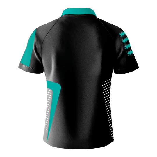 Bulls Team Dart Shirt - Munt Das Bild zeigt das "Bulls Team Dartshirt - Mint" von hinten. Das Shirt ist überwiegend schwarz mit mintfarbenen und weißen Akzenten.