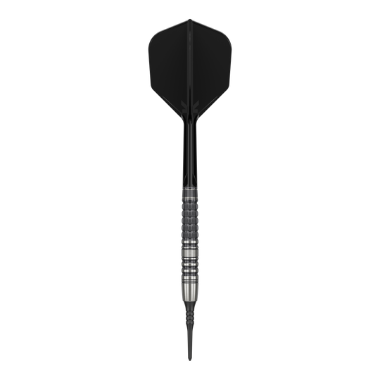 Target Japan Black Marque Lumiere GEN3 Soft Darts - 18,5 g Das Bild zeigt einen Softdart mit schwarzer Spitze, schwarzem Shaft und Flight sowie einem silbernen, strukturierten Barrel. Es handelt sich um den "Target Japan Black Marque Lumiere GEN3 Softdarts - 18,5g".