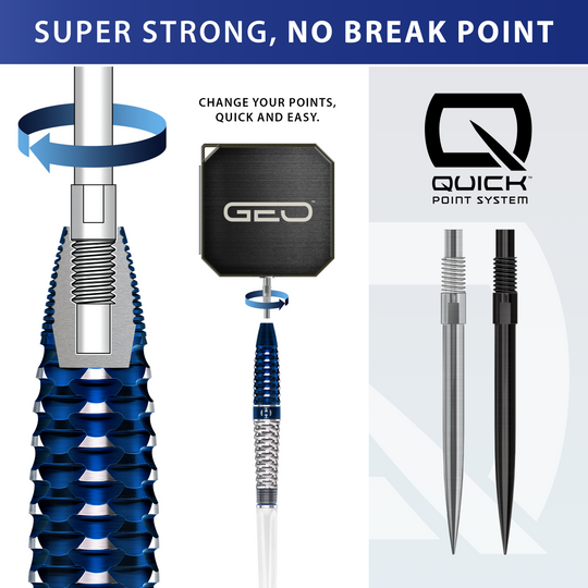 Das Bild zeigt Harrows GEO Torpedo Quick Point Steeldarts. Die silbernen Darts sind detailliert dargestellt.
