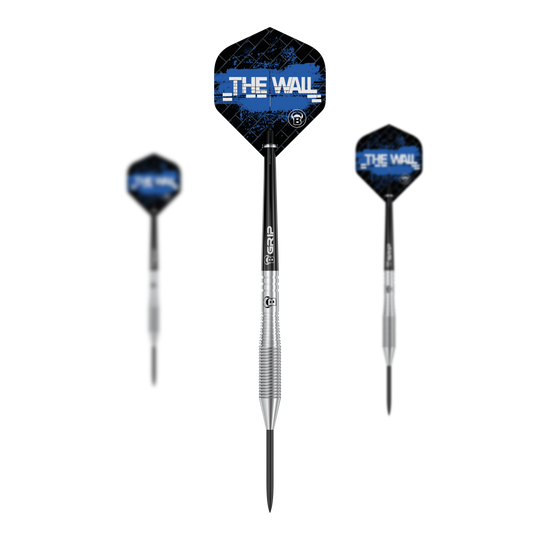 Bulls Martin Schindler TW80 stalen darts Auf dem Bild sind drei Steeldarts des Modells "Bulls Martin Schindler TW80" zu sehen. Die Flights sind schwarz-blau und tragen den Schriftzug "THE WALL".