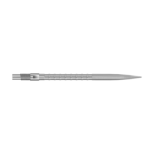 Harrows Quick Point Heavy Metal Dart Tips - Zilver Das Bild zeigt eine silberne Dartspitze mit Heavy Metal Grip, 40 mm lang. Die Spitze liegt auf weißem Hintergrund.