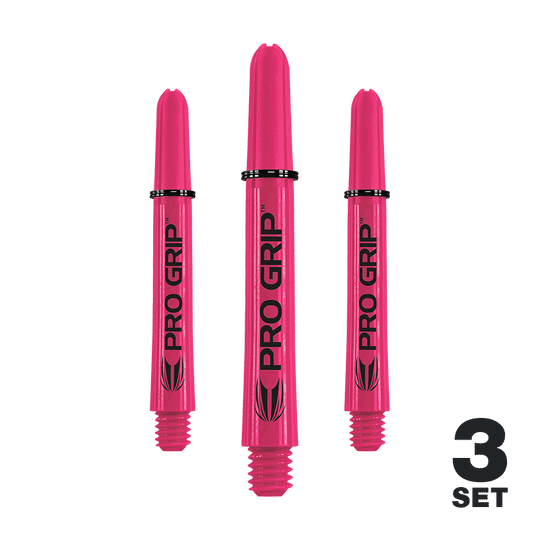 Das Bild zeigt drei pinke Pro Grip Shafts für Darts. Unten rechts steht "3 Set" geschrieben.