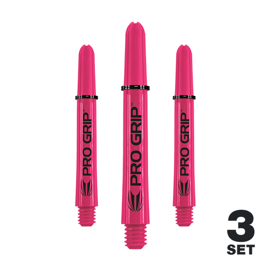 Target Pro Grip Shafts - 3 sets - Roze Das Bild zeigt drei pinke Pro Grip Shafts für Darts. Unten rechts steht "3 Set" geschrieben.