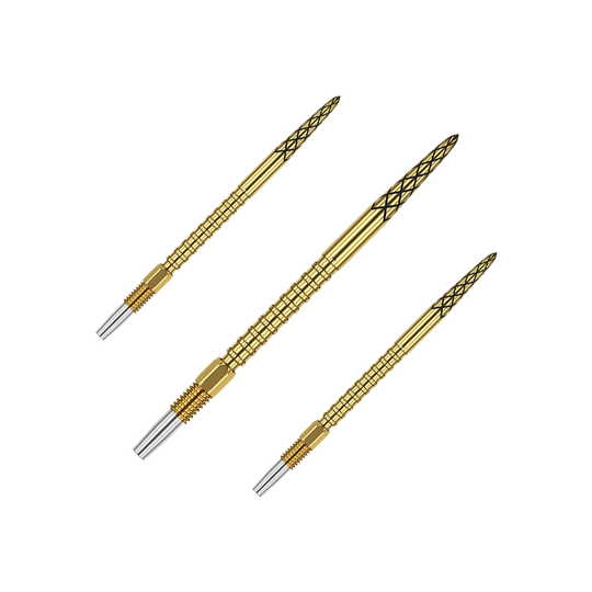 Auf dem Bild sind drei goldene Dartspitzen mit schwarzen Rillen zu sehen. Sie sind lang und haben ein silbernes Gewinde am unteren Ende.