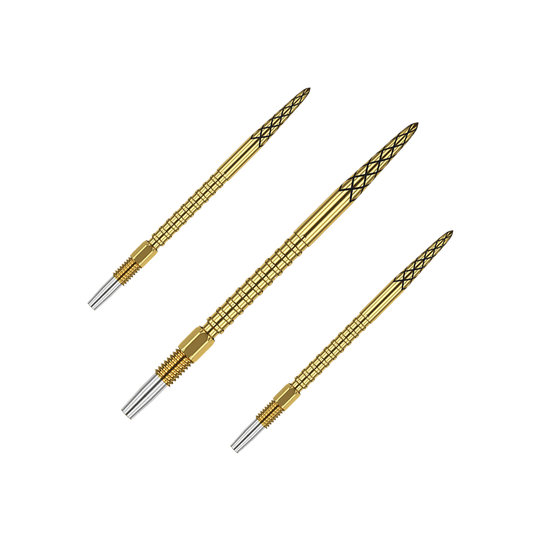 Target Swiss DS Surge Point Dartpunten - Goud Auf dem Bild sind drei goldene Dartspitzen mit schwarzen Rillen zu sehen. Sie sind lang und haben ein silbernes Gewinde am unteren Ende.