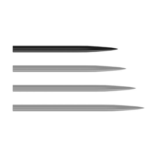 Harrows stalen dartpunten - zwart Auf dem Bild sind vier schwarze Steeldartspitzen zu sehen, die nebeneinander liegen. Sie sind schlank und jeweils an einem Ende spitz zulaufend.