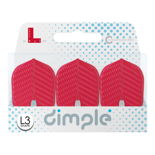 Das Bild zeigt eine Packung mit drei roten L-Style Flights Dimple Champagne im L3PRO Shape. Die Verpackung ist weiß mit blauen Punkten und dem Aufdruck "dimple".