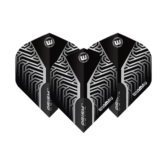 Winmau Prism Delta Silver No2 Standaardvluchten Dieses Bild zeigt Winmau Prism Delta Silver No2 Standard Flights. Silberne und schwarze Dart-Flights sind dargestellt.