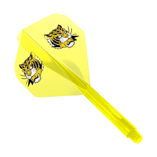 Condor AX Inazuma Tiger Mix Flight System Geel Helder - Standaard Das Bild zeigt einen gelben Dart-Flight mit zwei Tigerköpfen als Motiv. Das Produkt ist das "Condor AXE Inazuma Tiger Mix Flight-System Yellow Clear - Standard".