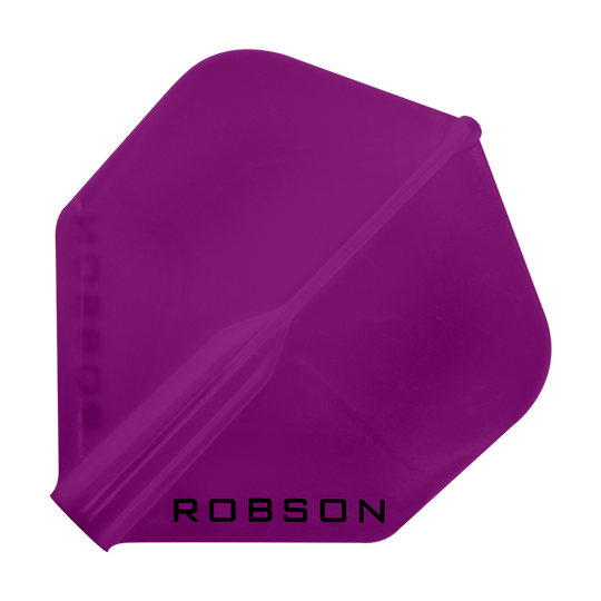 Robson Plus Standard Flights Das Bild zeigt ein violettes Dartflugblatt in Standardform. Unten auf dem Flugblatt steht das Wort "ROBSON".