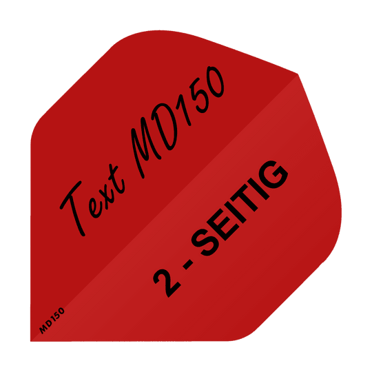 MD-207_2-Seitig_Bedruckte_Flights_Wunschtext_MD150_Rot_Standard_1 Das Bild zeigt eine rote Dart-Flight mit schwarzem Text. Auf der Flight steht "Text MD150" und "2 - SEITIG".