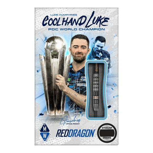 Das Bild zeigt das Produkt "Red Dragon Luke Humphries Prestige Steeldarts". Auf der Verpackung ist Luke Humphries mit einem Pokal und einem Steeldart abgebildet.