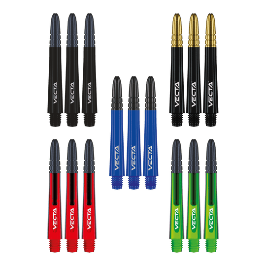 Winmau Vecta Shaft Collectie Das Foto zeigt die Winmau Vecta Shaft Collection. Die Sammlung umfasst verschiedene Dartschäfte.