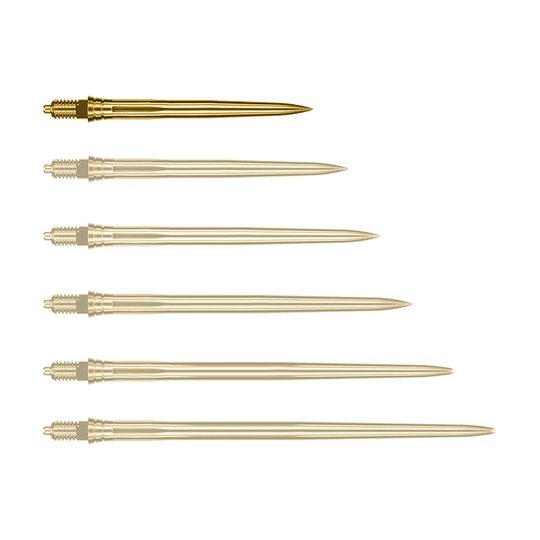 Caliburn EZ-EVO dartpunten - Glad - Goud Auf dem Bild ist eine einzelne goldene Dartspitze zu sehen, vermutlich 28mm lang. Es handelt sich um eine Caliburn EZ-EVO Dartspitze der Variante Smooth.