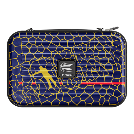 Das Bild zeigt ein Dartcase mit dem Namen "Target Takoma Josh Rock XL Dartcase". Das Etui ist dunkelblau mit einem gelben Wabenmuster und hat in der Mitte ein Target-Logo.