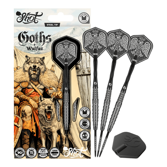 Shot Goths Wulfaz Turbo Point stalen dartpijlen - 23 g Auf diesem Bild sieht man die Shot Goths Wulfaz Turbo Point Steeldarts - 23g in voller Ansicht. Das Design ist auffällig und für Dart-Fans interessant.