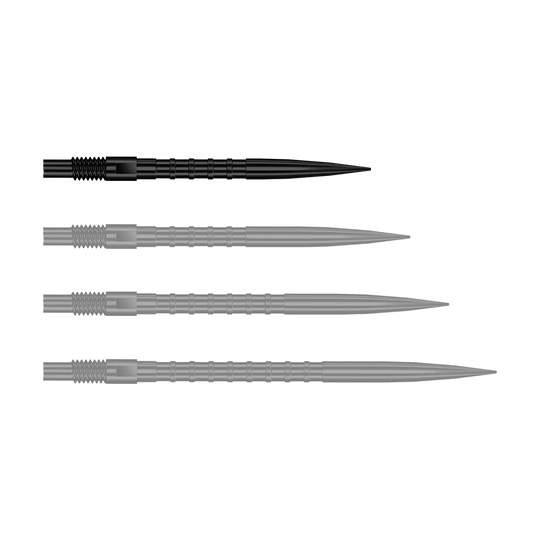 Das Bild stellt QP33164 Harrows Quick Point HeavyMetalGrip Dartspitzen Schwarz 26mm dar. Diese Dartspitzen sind schwarz und besitzen einen starken Metallgriff.