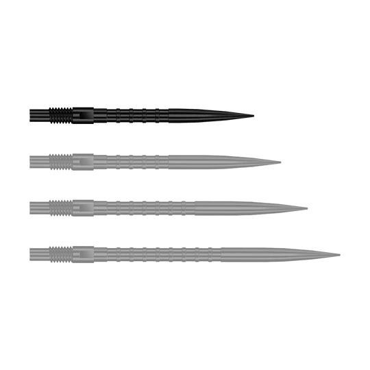 Harrows Quick Point Heavy Metal Dart Tips - Zwart Das Bild stellt QP33164 Harrows Quick Point HeavyMetalGrip Dartspitzen Schwarz 26mm dar. Diese Dartspitzen sind schwarz und besitzen einen starken Metallgriff.