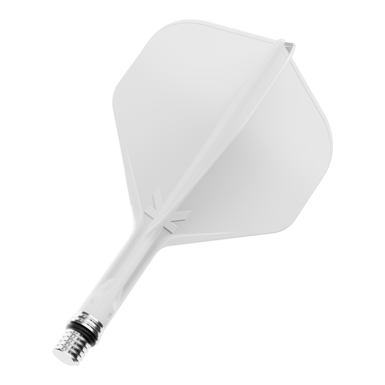 Das Bild zeigt einen weißen Dart Flight. Es handelt sich wahrscheinlich um die Variante mit 19 mm Größe.