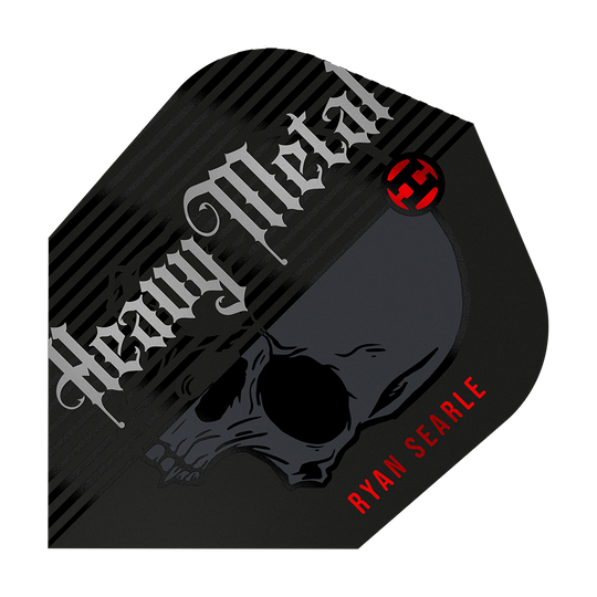 Das Bild zeigt ein Dart-Flight mit dem Aufdruck "Heavy Metal" und einem Totenkopf-Design. Unten rechts steht in roten Buchstaben der Name "Ryan Searle".