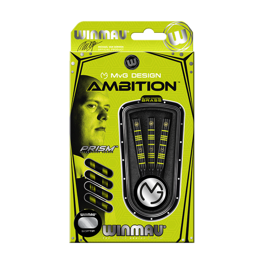 2237_Winmau_Michael_Van_Gerwen_MvG_Ambition_Softdarts_3 Die Abbildung zeigt das Produkt "Winmau Michael Van Gerwen MvG Ambition Softdarts - 20 g" in einer gelben Verpackung. In der Packung sind drei Softdarts zu sehen, daneben ist ein Porträt von Michael Van Gerwen abgedruckt.