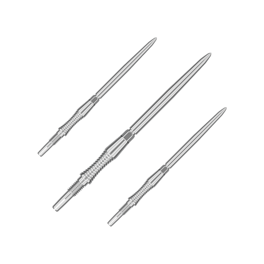 Target Swiss Point Dartpunten Signature RST - Zilver Auf dem Bild sind Dartspitzen aus dem Set '340302_Target_Swiss_Point_Dartspitzen_Signature_RST_Silber_42mm_1Set' abgebildet. Mehrere silberne Dartspitzen sind zu erkennen.
